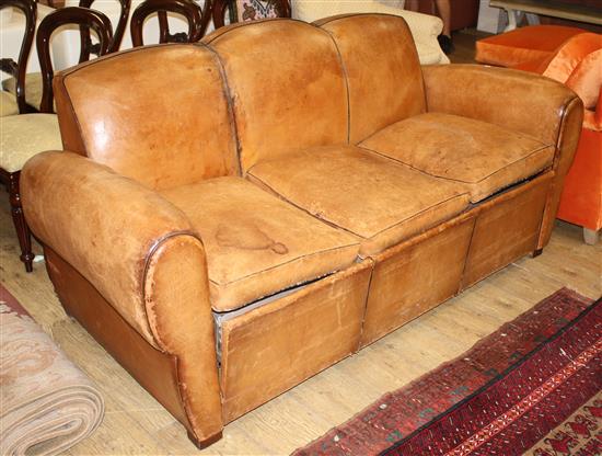 A French 1940s moustache back leather three seater sofa / sofa bed, W.188cm D.88cm H.89cm
